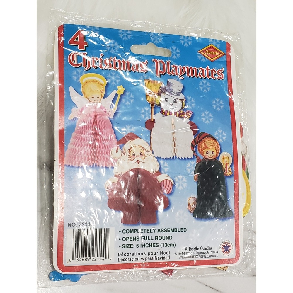 NEW Vintage Beistle 4 Christmas Playmates HONEYCOMB 1980 5" Santa Snowman Angel